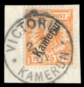 German Colonies, Cameroon #5 Cat$37.50, 1897 25pf orange, used on piece