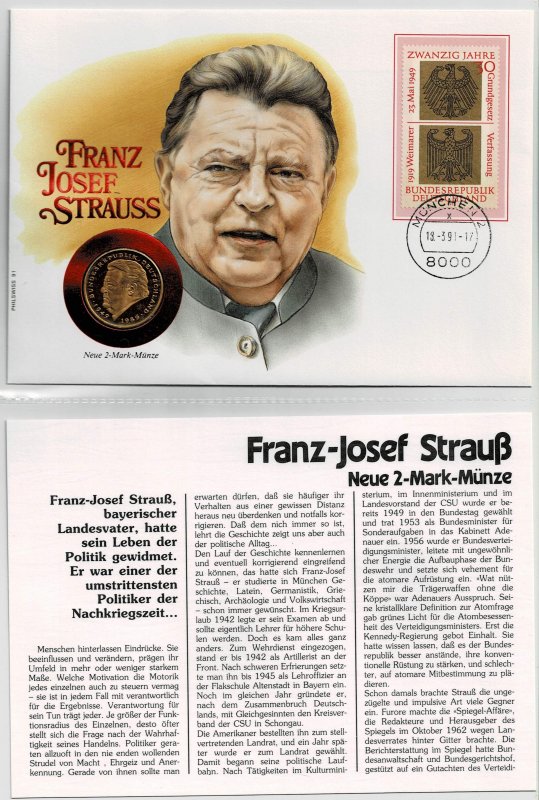 Germany 1991, Franz Josef Strauss, bavarian prime minister, coin cover