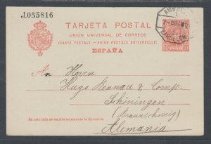 Spain H&G 44 used. 1905 10c Postal Card, BARCELONA-SCHONINGEN, Germany, clean