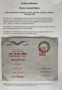 1938 Bulawayo S Rhodesia First Flight Airmail Cover To Gwelo North Bound Route