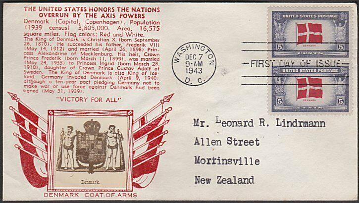 USA 1943 CROSBY photo FDC to New Zealand - Overrun Nations Denmark.........55391