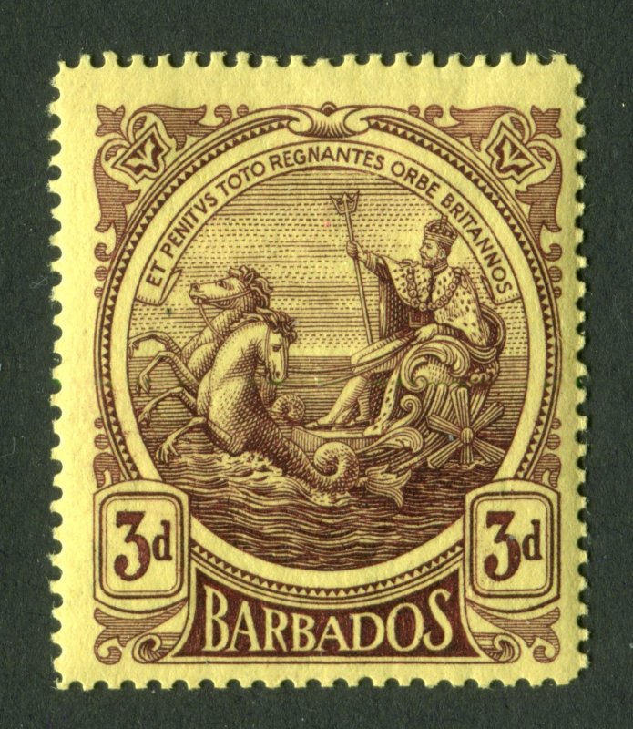 Barbados 1916. 3d deep purple/yellow. Thick paper. Mint Hinged. SG186a.