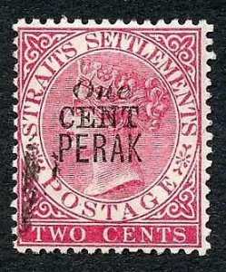 Perak SG35b One Cent type 32 on 2c Bright Rose Fine used Cat 55 pounds creased