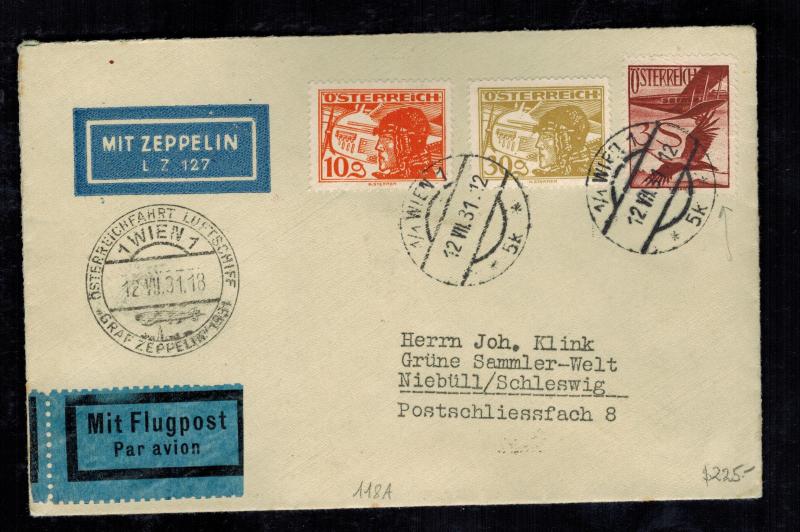 1931 Vienna Austria Graf Zeppelin cover to Niebull Germany Austria Flight LZ 127