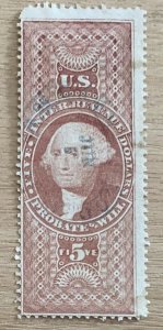 USA REVENUE STAMP 1862-71. $5 PROBATE WILL   SCOTT#R92c