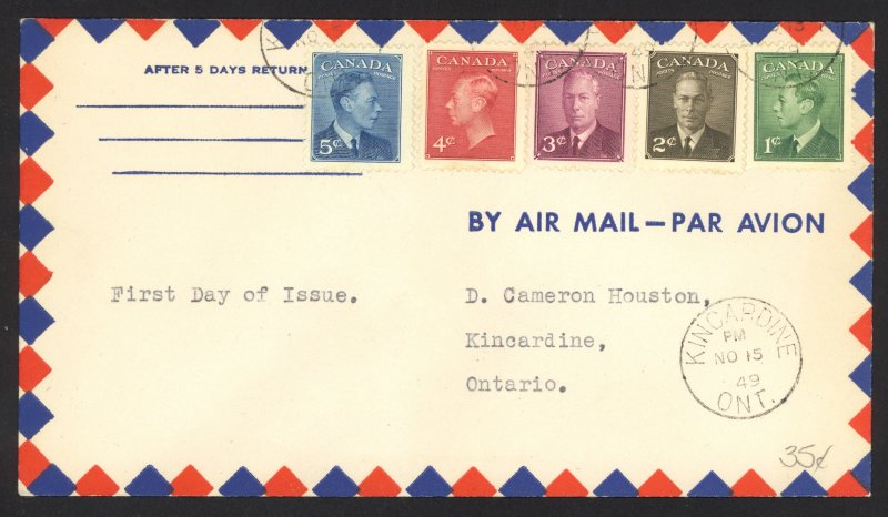 Canada Sc# 284-288 combination (Air Mail) FDC (a) 1949 11.15 KGVI POSTES-POSTAGE