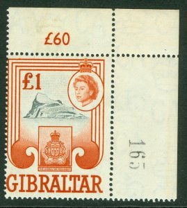 SG 173 Gibraltar 1960. £1 black & brown-orange. Unmounted mint corner marginal..