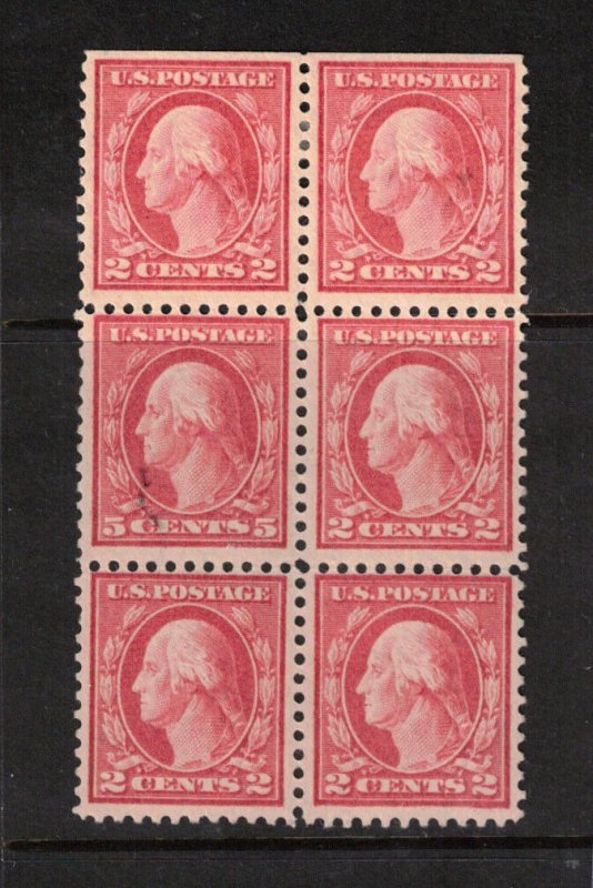 USA #505 Very fine Mint Block Of Six Hinged On Top Stamps On Error Stamp Is NH