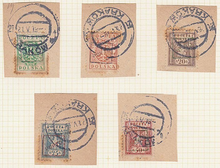 POLAND 1919 Krakow local overprint postage dues - 5 used on pieces..........A608