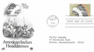 1990 FDC, #2501-2505, 25c American Indian Headdresses, Art Craft/PCS (3)