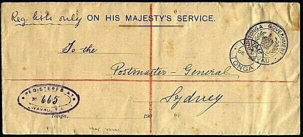 TONGA 1904 Registered OHMS cover ex VAVAU to PMG Sydney....................21015 