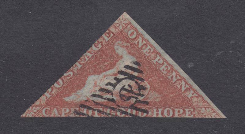 Cape of Good Hope Sc 1, SG 3, used.  1853 1p brick red Hope Seated, blued paper