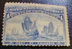 Scott Stamp# 233 - Unused, OG, PH. 1893 Columbus 4 Cent Stamp.  SCV $55.00