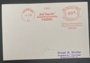 1929 Hamburg Germany Zeppelin Advertising Postcard Cover VEEDOL Meter Cancel