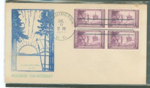 US 739 1934 3c wisconsin tercentennial, block of 4 on an addressed fdc with a washington stamp club of the air cachet, small sta