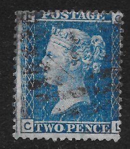 GB QV, 1869 SG45, 2d BLUE, Thick Lines,  PLATE 9 (CL)    Good Used,