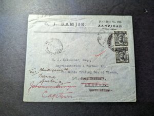 1936 Zanzibar Cover to Durban Readdressed to Capetown South Africa