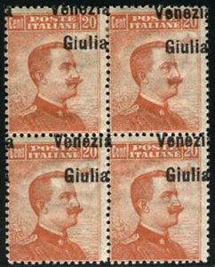 Venezia Giulia - Michetti Cent. 20 overprint quatrain top and left