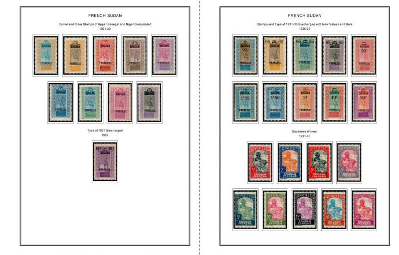 COLOR PRINTED FRENCH SUDAN 1894-1944 STAMP ALBUM PAGES (14 illustrated pages)