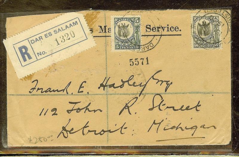 TANGANYIKA (P0210B) GIRAFFE 1926 5C+50C REG COVER TO USA