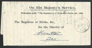 TASMANIA 1938 OHMS folded birth notice OUSE to Hamilton....................58928