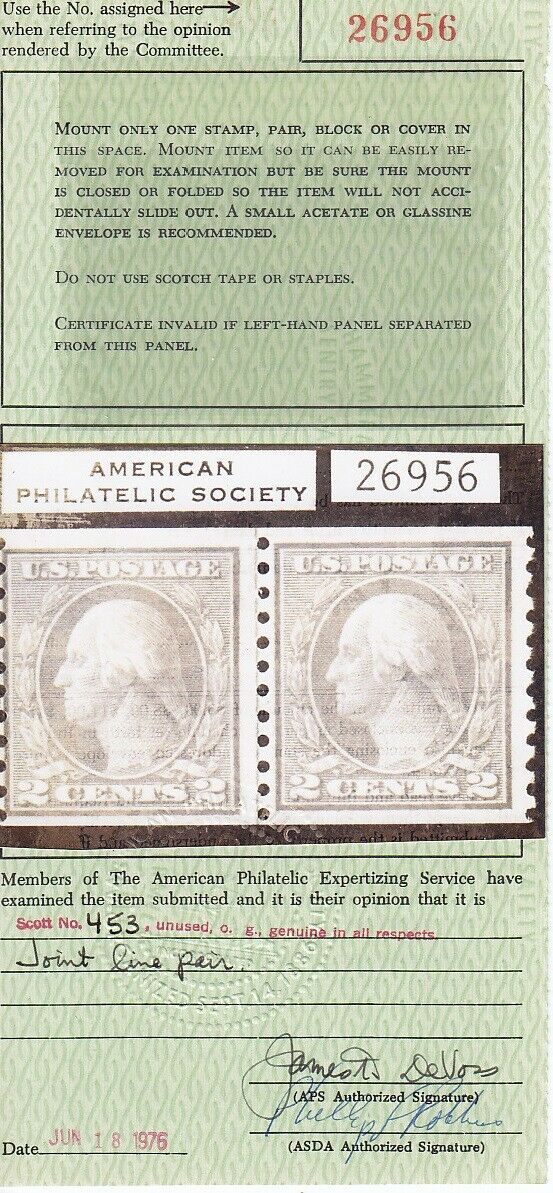453 Line pair F-VF APS cert OG never hinged nice color cv $ 1450 ! see ...
