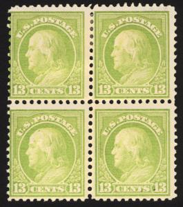 #513 13c Blue Green 1919 Mint Hinged Block of 4 Full Gum Very Fresh