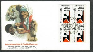 UN New York #345 Disabled Persons unaddressed block of 4 FDC