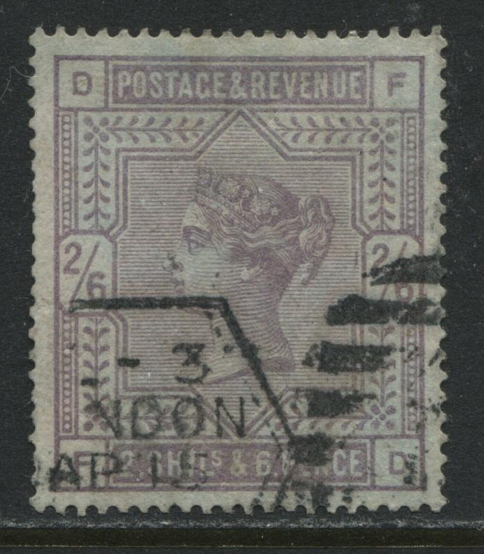 1883 2/6d lilac FD on blued paper struck by a part London duplex