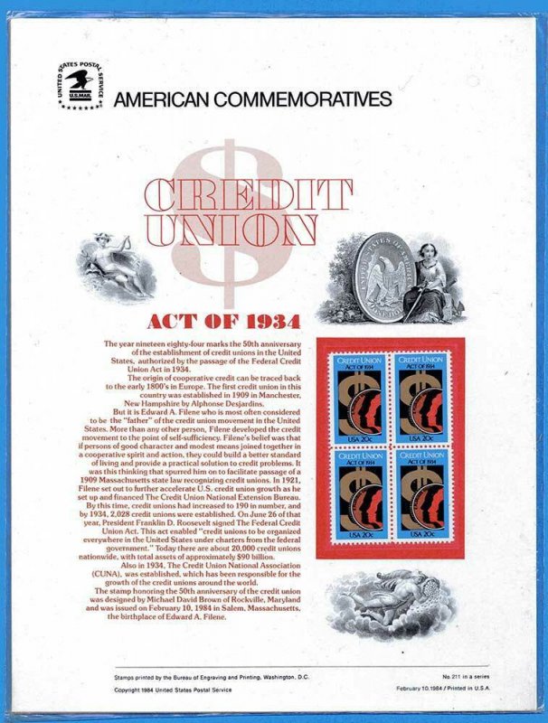 USPS COMMEMORATIVE PANEL #211 CREDIT UNION ACT #2075