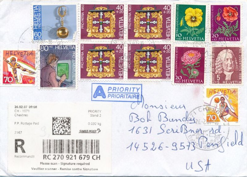 Switzerland Registered Cover February 26, 1907 - many stamps mostly from 1990's