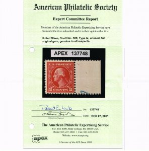 EXCEPTIONAL GENUINE SCOTT #500 F-VF MINT OG NH 1917 TYPE-Ia APS CERT DEEP ROSE