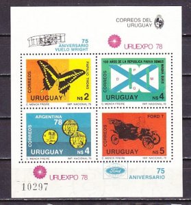 Uruguay, Scott cat. 1007. Butterfly, Old Car. on URU Expo `78 sheet of 4.