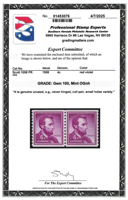 Scott #1058 Pair--Small Hole, Dry Printing 2025 PSE GEM 100 MNH- 2025 SMQ $275