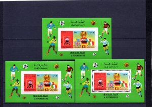 SHARJAH 1970 SOCCER WORLD CUP MEXICO SET OF 3 S/S PERF. & IMPERF. MNH