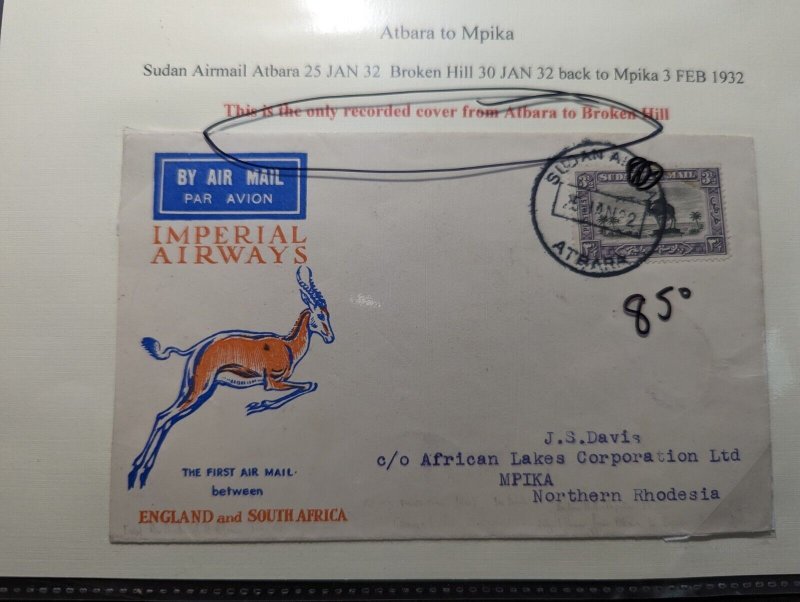 1922 Sudan Airmail First Flight Cover FFC Atbara to Broken Hill Only One Known