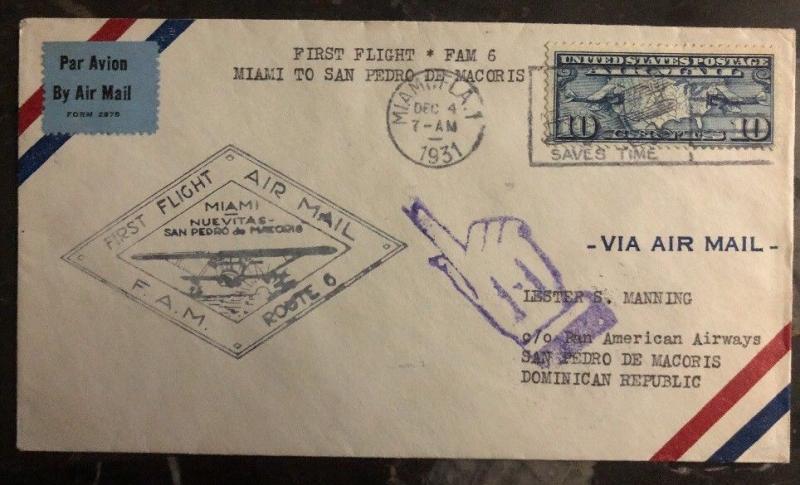 1931 Miami FL Usa first flight cover FFC To Saint P Macoris Dominican Rep FAM6