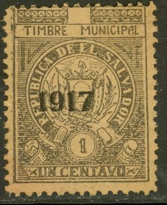 EL SALVADOR 1917 1c ARMS Municipal Revenue DOUBLE OVERPRINT Ross M198 MNGAI