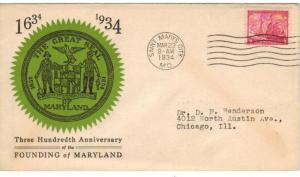 US 736 (PL-14) 3c Mayland Tercentenary FDC Linprint Cachet ECV $35.00