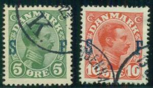 DENMARK #M1-2 (168-9) 5ore & 10ore Military Ovpts, used, VF, Scott $67.00