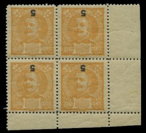 Portugal #111var, 1895-1905 5r orange, numerals inverted, corner margin block...