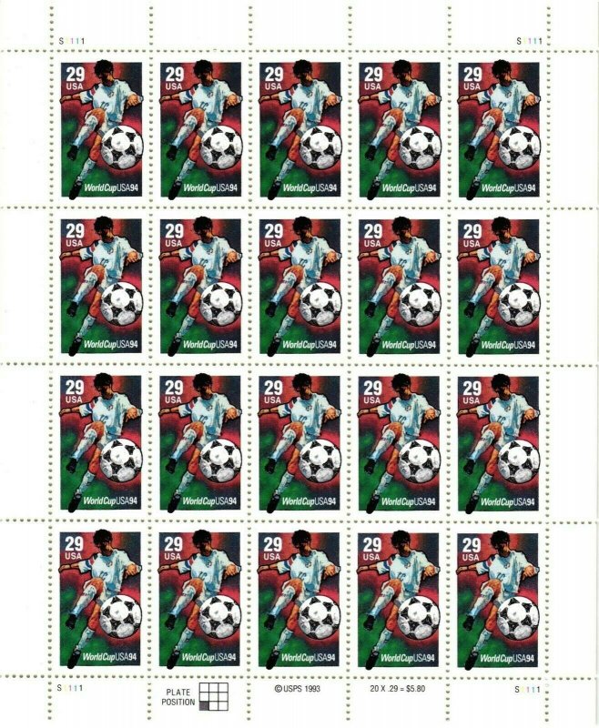 World Cup Soccer Sheet of Twenty 29 Cent Postage Stamps Scott 2834 