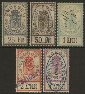 Norway 1886 Arms Documentary Revenues Wmk Crown Short Set F/VF Used #1-5