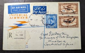 1928 Registered Egypt Airmail First Flight Cover FFC Alexandria to Windhoek SWA