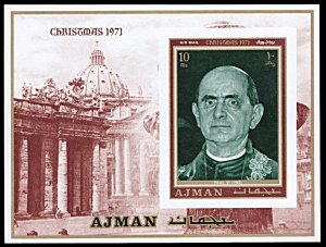 Ajman Michel Block 290B, MNH imperf., Pope Paul VI, Christmas souvenir sheet