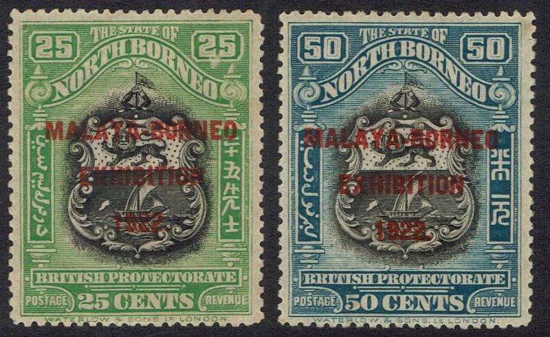 NORTH BORNEO 1922 MALAYA BORNEO EXHIBITION ARMS 25C AND 50C PERF 13.5 - 14