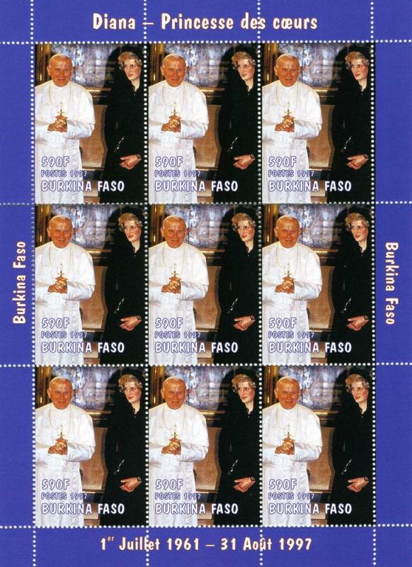 Burkina Faso 1997 POPE JOHN PAUL II & PRINCESS DIANA Sheet Perforated Mint (NH)