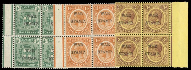 Jamaica #MR7-9 Cat$20+, 1917 War Tax, set in blocks of four, never hinged