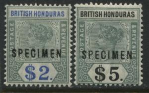 British Honduras QV 1899 $2 and $5 overprinted SPECIMEN