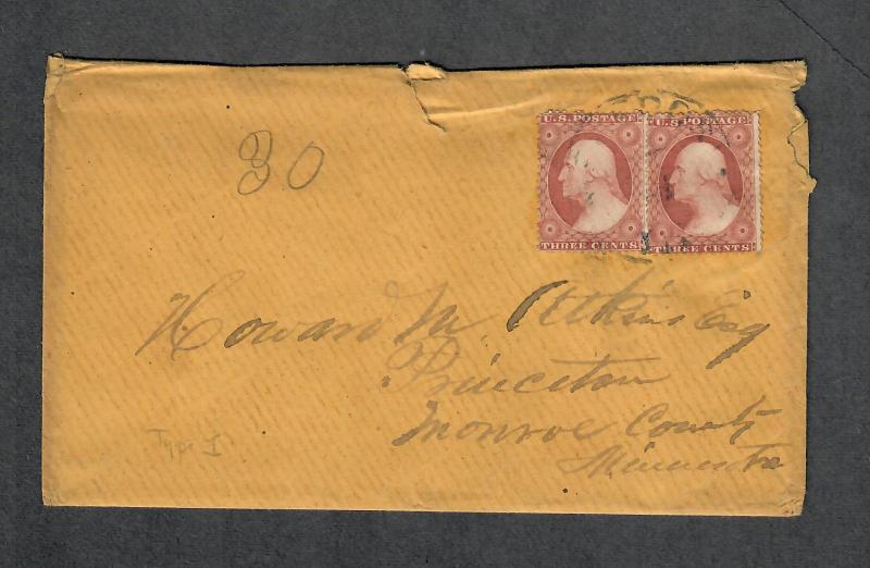 US Sc#25 x 2 Double Rate Cover To Minnesota